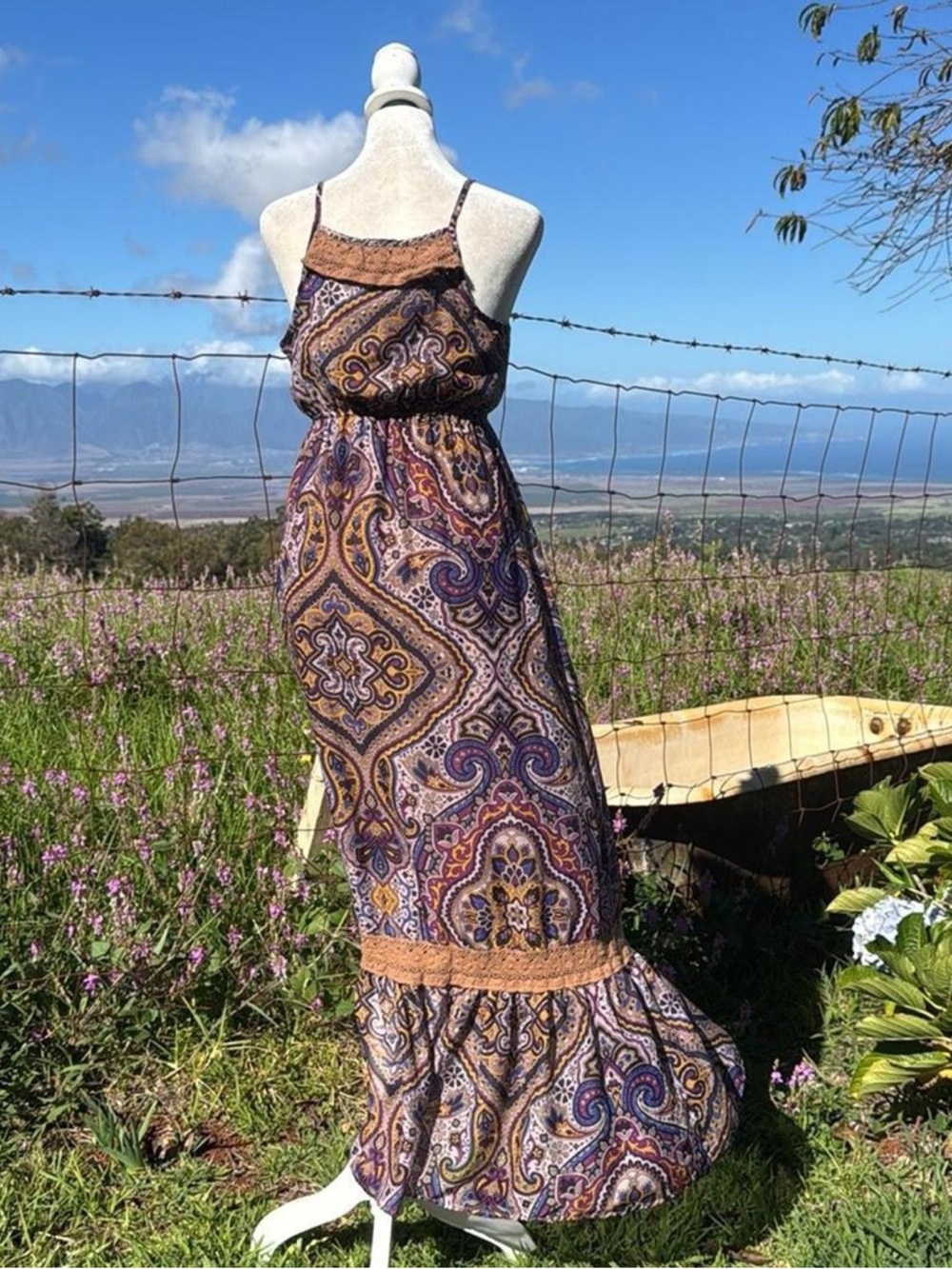 Purple brown paisley baby doll sleeveless boho festival prairie maxi dress - Picture 5 of 6
